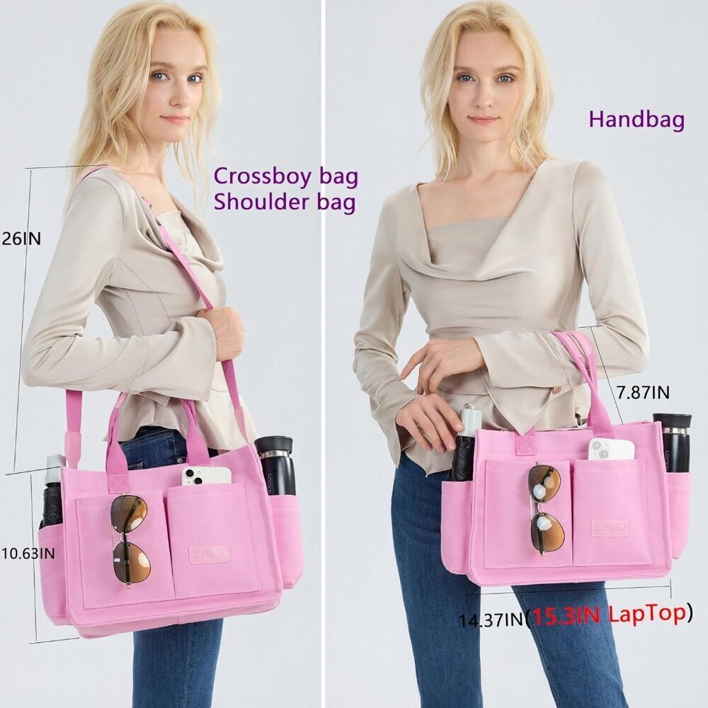 Women's Plus Pink Imported Canvas Laptop Crossbody Work Large Tote Handbags - Picture 3 of 7